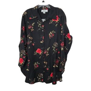 Katy D Women's Blouse Plus Size 18 / 20 Rayon Dressy Long Black with Red Flowers